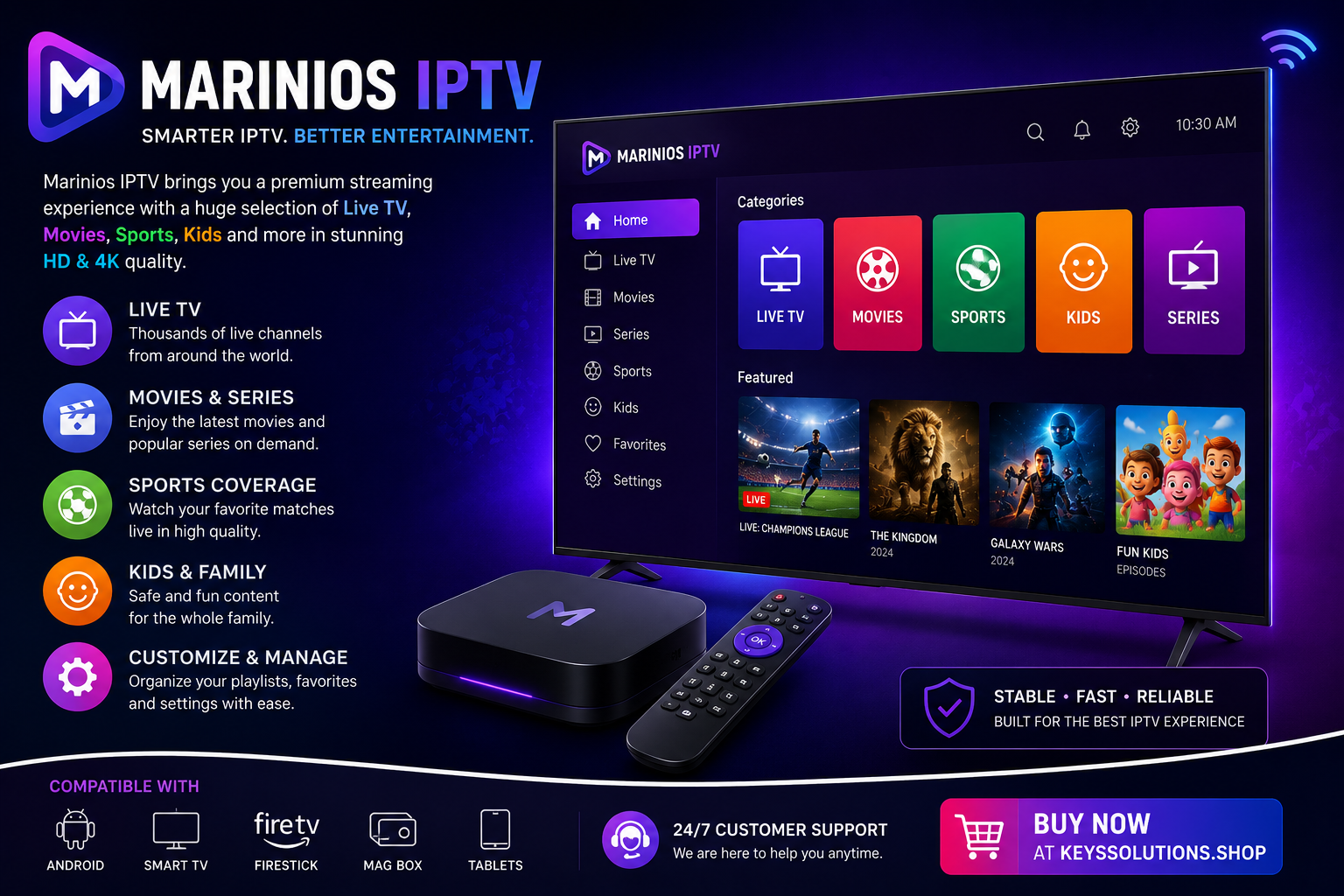 Modern Marinios IPTV streaming banner featuring a premium IPTV interface on a smart TV with live TV, movies, sports, and kids categories, neon purple background, Android and Firestick compatibility, and high-quality IPTV entertainment design for 2026