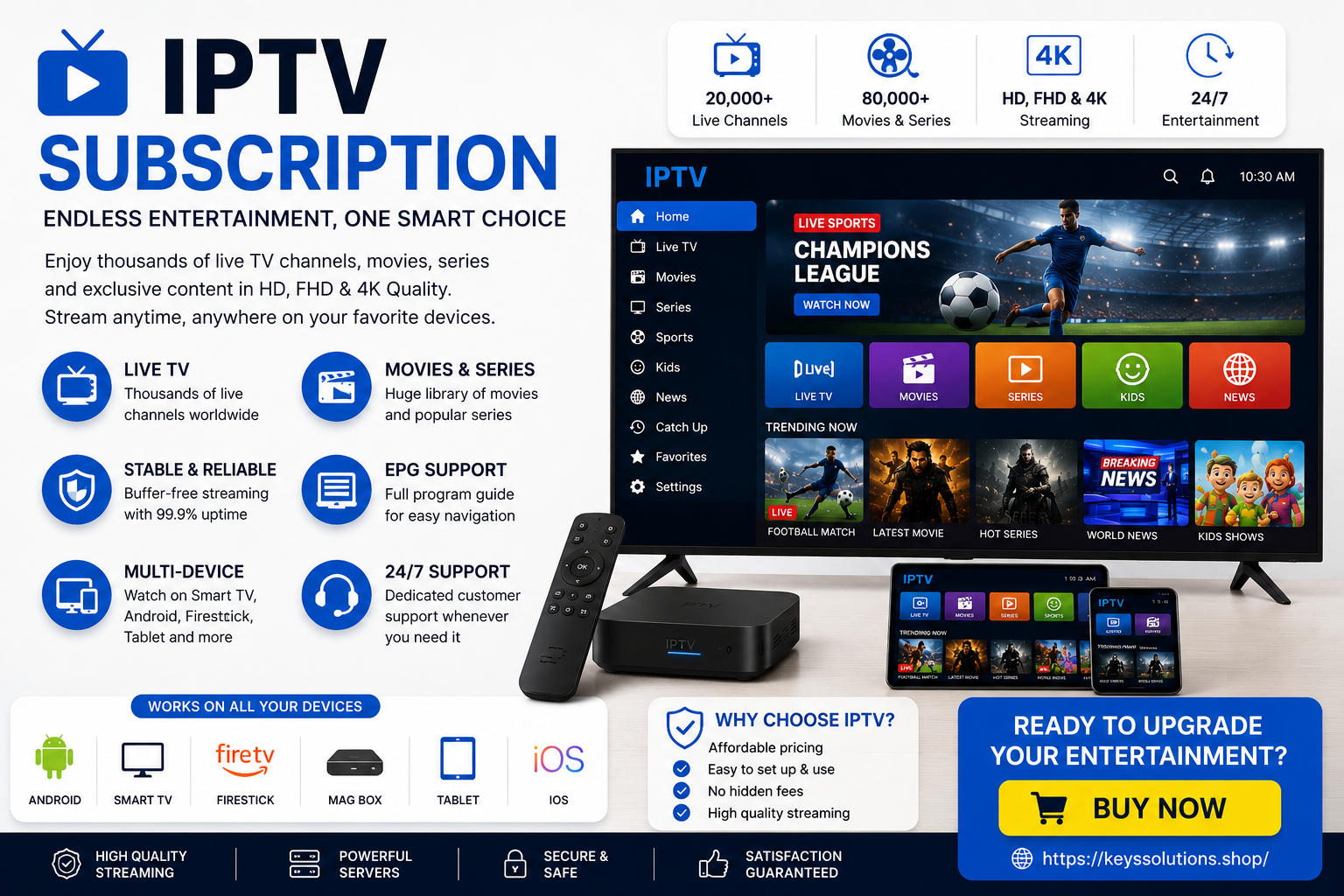 Modern IPTV subscription promotional banner with a clean white and blue design featuring a smart TV interface displaying live TV, sports, movies, series, kids, and news categories. The image includes Android, Smart TV, Firestick, MAG Box, tablet, and iOS compatibility icons, alongside streaming features like HD and 4K quality, stable servers, EPG support, and a large ‘BUY NOW’ call-to-action with the KeysSolutions.shop website