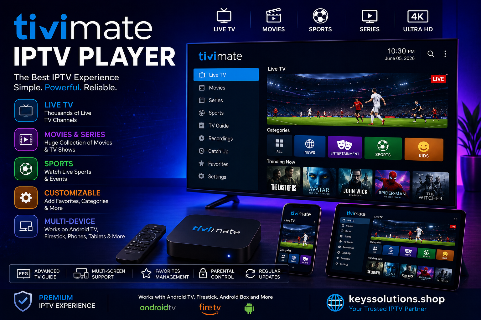 Futuristic Tivimate IPTV Player promotional banner featuring a modern smart TV interface with live TV, movies, sports, and series streaming in HD and 4K quality. The image includes a streaming box, smartphone, tablet, and remote control with neon blue and purple lighting, highlighting customizable IPTV entertainment and multi-device support.