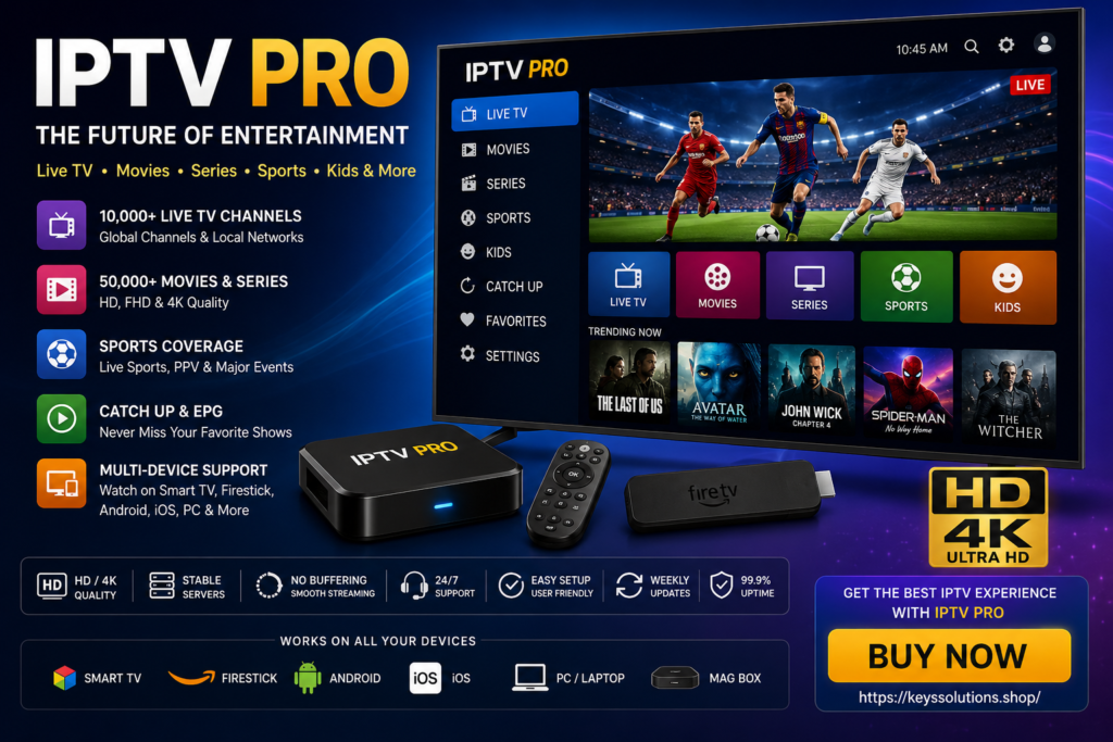 Futuristic IPTV Pro promotional banner featuring a smart TV streaming live sports, movies, series, and live TV channels in HD and 4K quality. The image includes a Firestick device, IPTV box, remote control, and colorful entertainment category icons on a modern blue and purple streaming background with multi-device support.