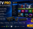 Futuristic IPTV Pro promotional banner featuring a smart TV streaming live sports, movies, series, and live TV channels in HD and 4K quality. The image includes a Firestick device, IPTV box, remote control, and colorful entertainment category icons on a modern blue and purple streaming background with multi-device support.