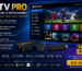 Futuristic IPTV Pro promotional banner featuring a smart TV streaming live sports, movies, series, and live TV channels in HD and 4K quality. The image includes a Firestick device, IPTV box, remote control, and colorful entertainment category icons on a modern blue and purple streaming background with multi-device support.